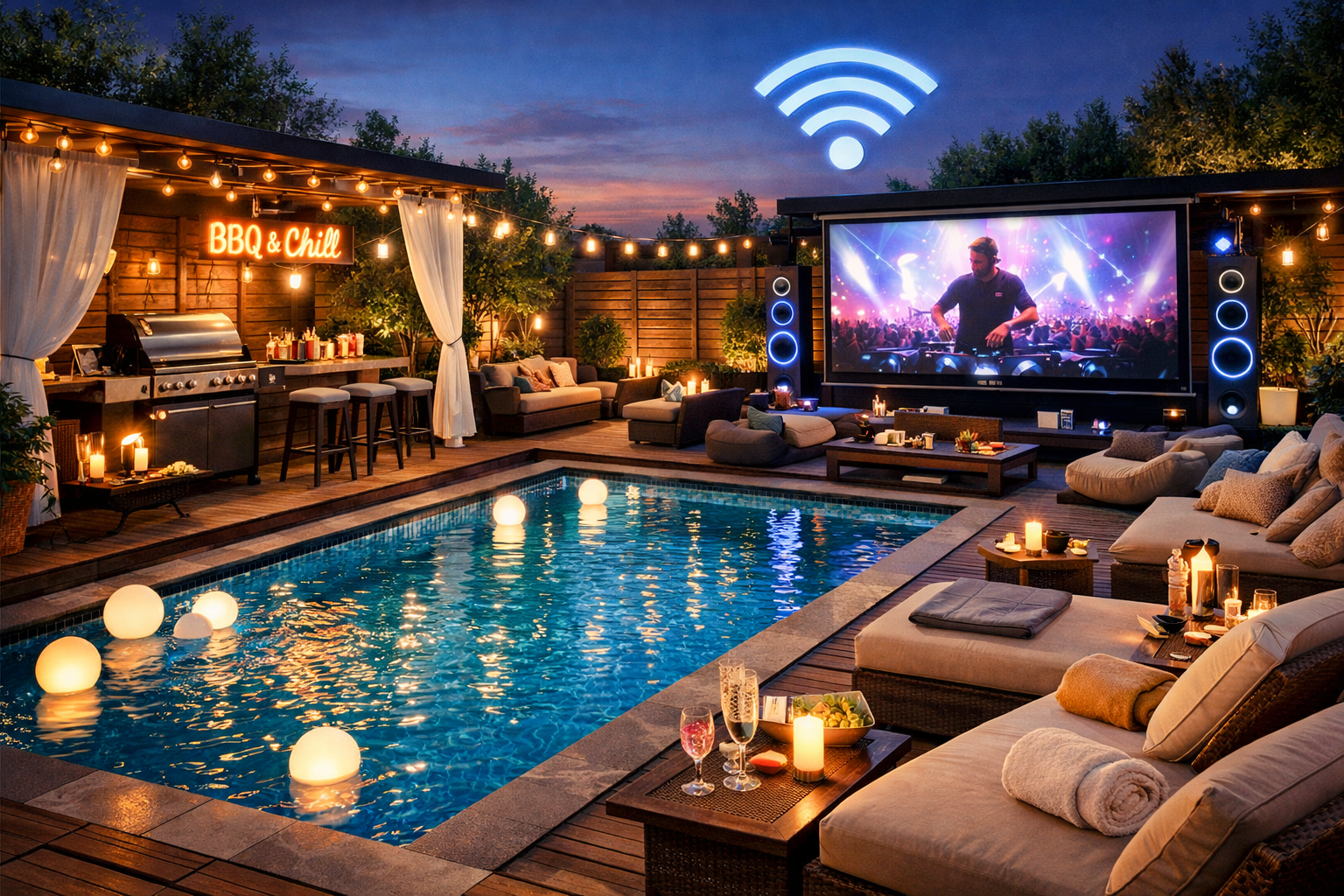 A visual representation () of various luxury amenities ideal for a bachelor/bachelorette party at an Airbnb in Gurgaon. This