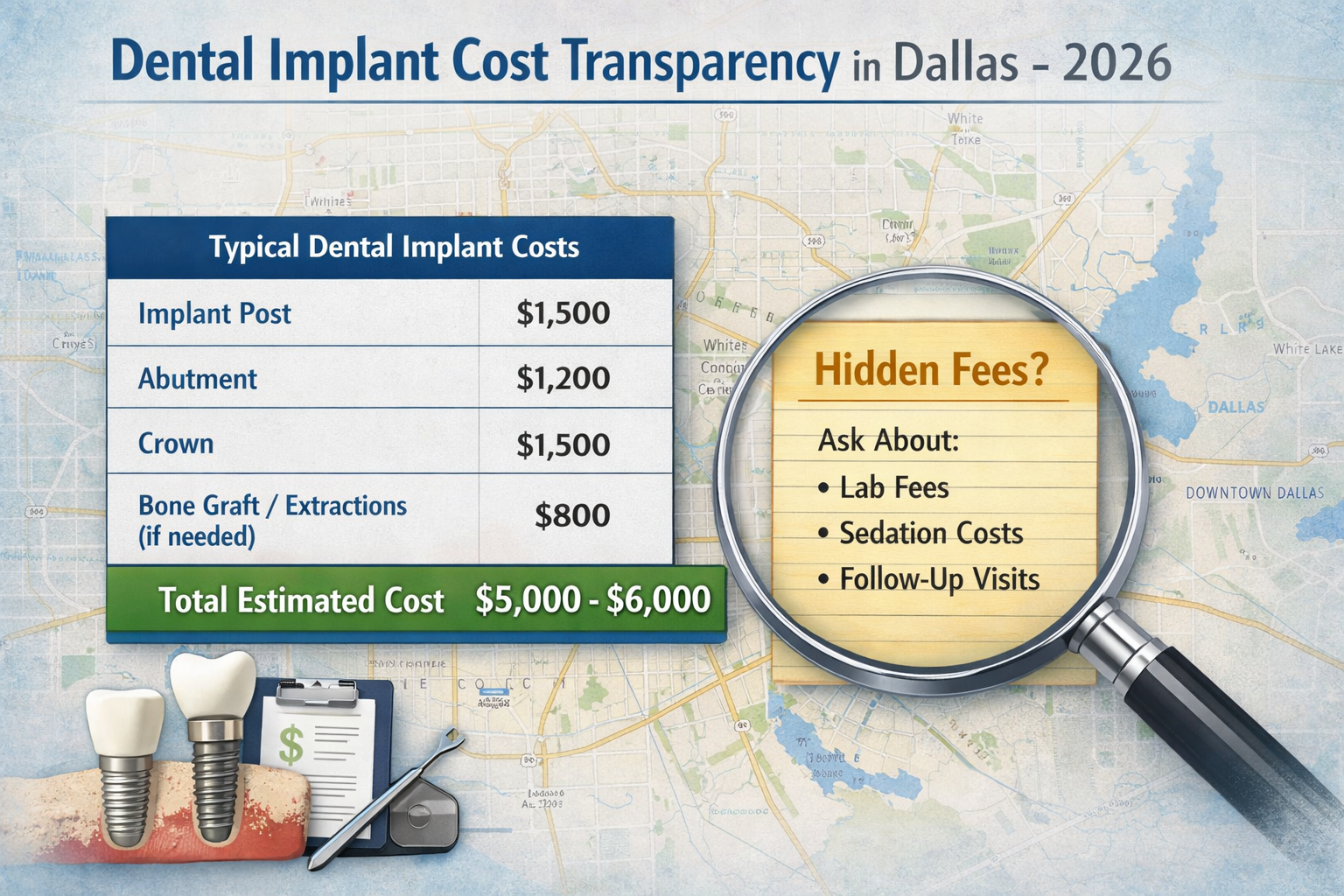 Detailed () image illustrating the concept of cost transparency for dental implants in Dallas. A clean, showing separate