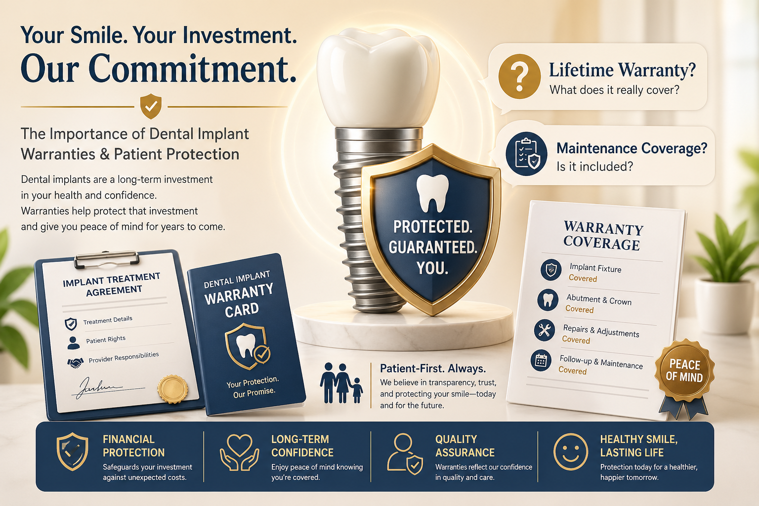 Detailed () image depicting the importance of dental implant warranties and patient protection. A graphic shows a stylized