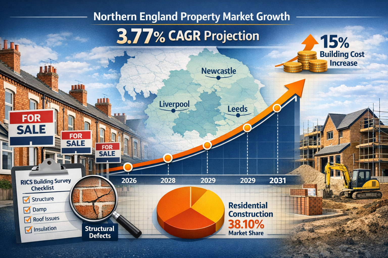 Detailed landscape format (1536x1024) image showing Northern England property market growth visualization with large upward trending graph o