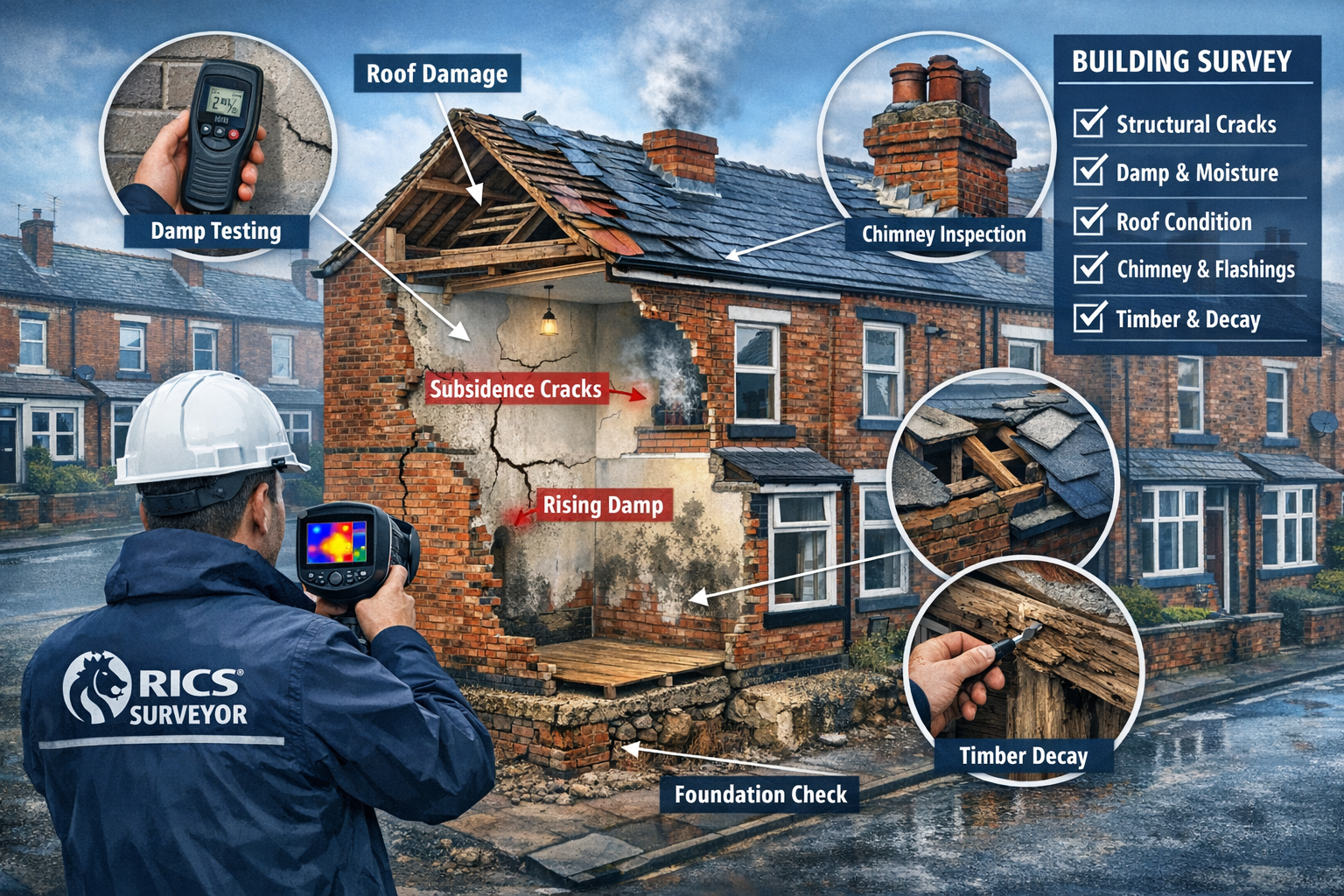 Detailed landscape format (1536x1024) image illustrating comprehensive building survey process in Northern England context. Central focus on