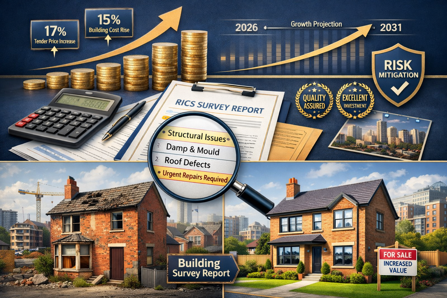 Detailed landscape format (1536x1024) image depicting investment opportunity concept for Northern England property market 2026. Split compos
