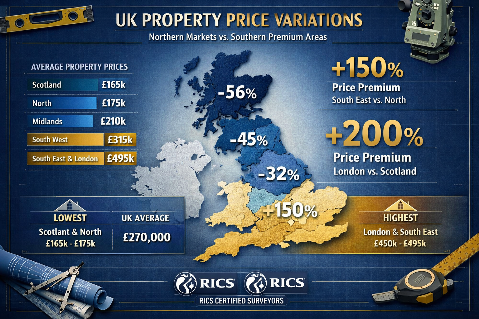 () detailed infographic showing UK map with color-coded regional property price variations, darker shades representing