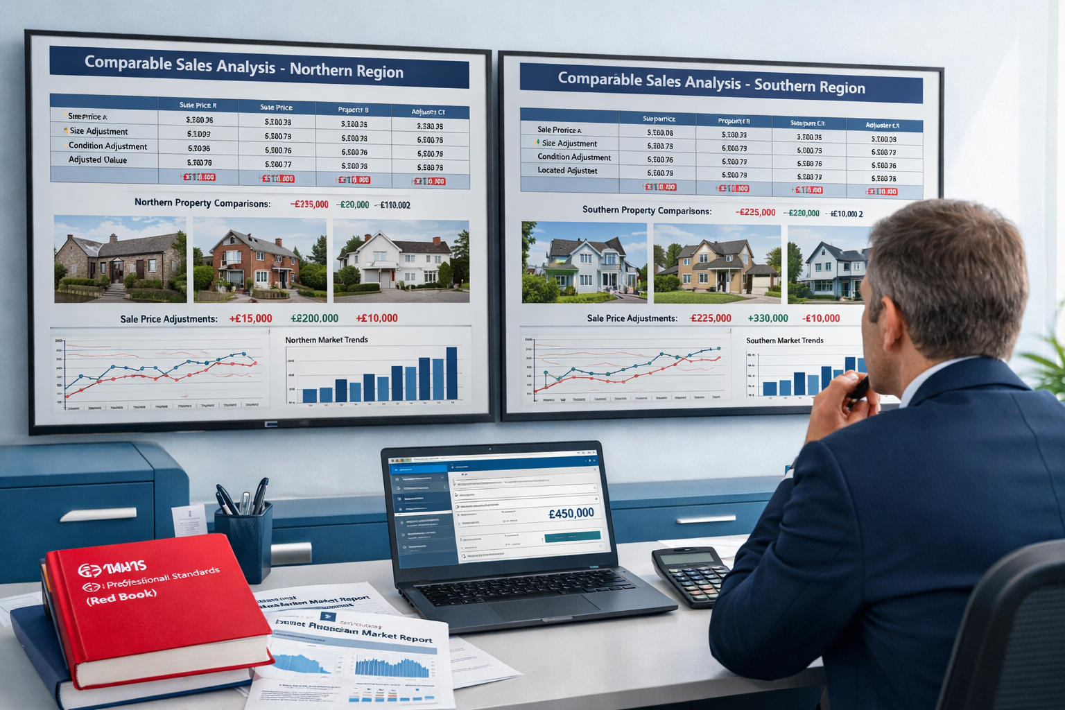 () professional scene showing chartered surveyor conducting comparable sales analysis in modern office setting. Large