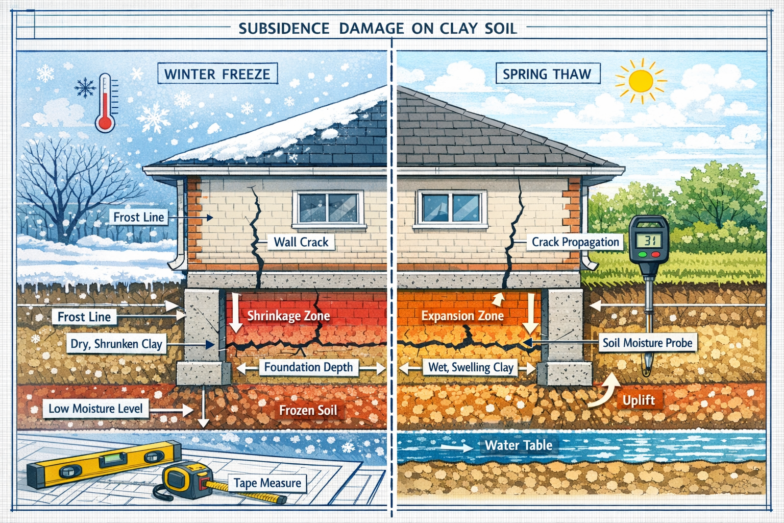 Detailed () technical illustration showing cross-section cutaway view of bungalow foundation on clay soil with visible