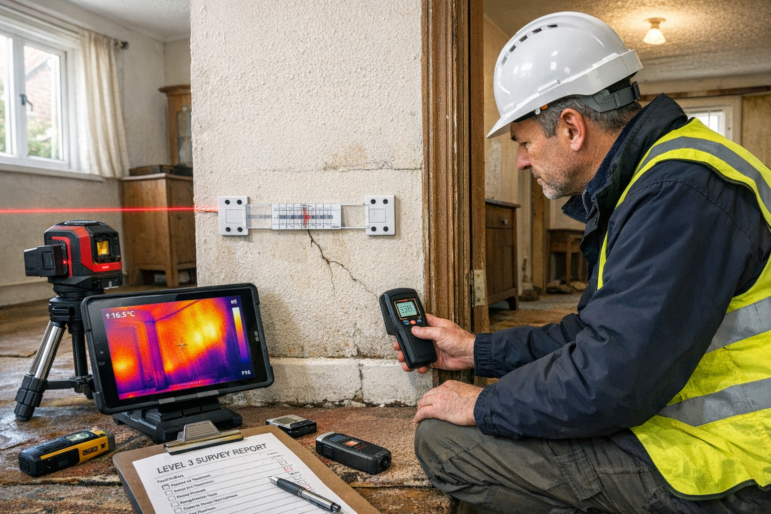 Detailed () scene showing chartered surveyor conducting comprehensive Level 3 survey inspection inside bungalow, using