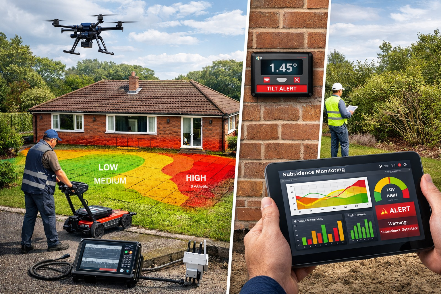 Detailed () professional composite image showing modern subsidence monitoring technology for 2026 protocols, featuring drone