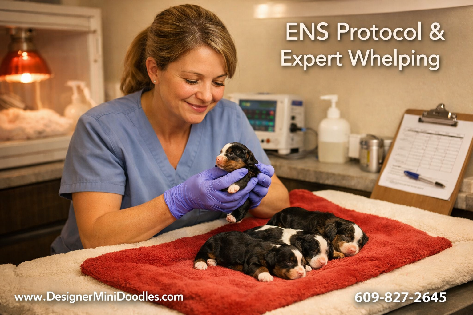 () warm photograph of a professional animal biologist woman in a clean whelping room gently handling newborn miniature