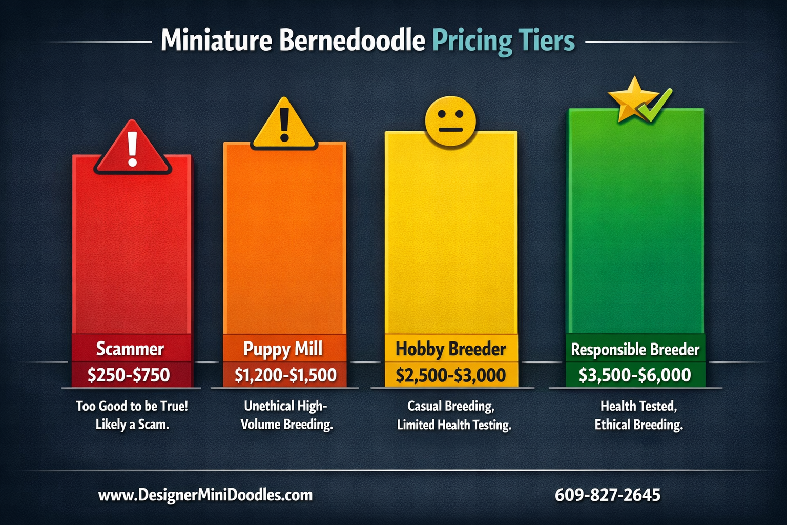 () creative price comparison bar graph infographic with four vertical bars showing miniature bernedoodle pricing tiers: red