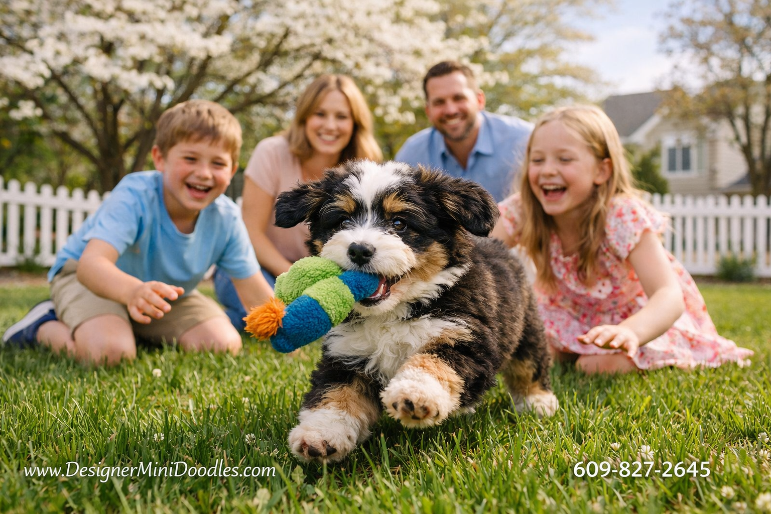() heartwarming photograph of a family with two children playing with a fluffy tri-color miniature bernedoodle puppy in a