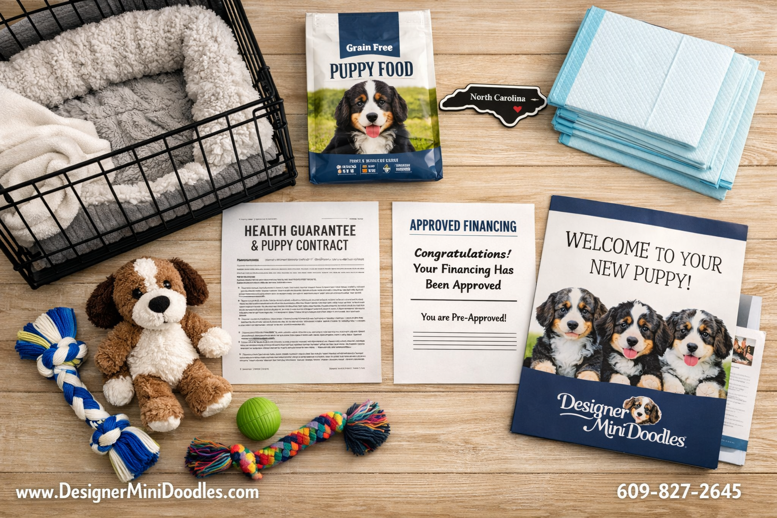 () overhead flat-lay style photograph showing a miniature bernedoodle puppy care preparation kit including a crate with soft