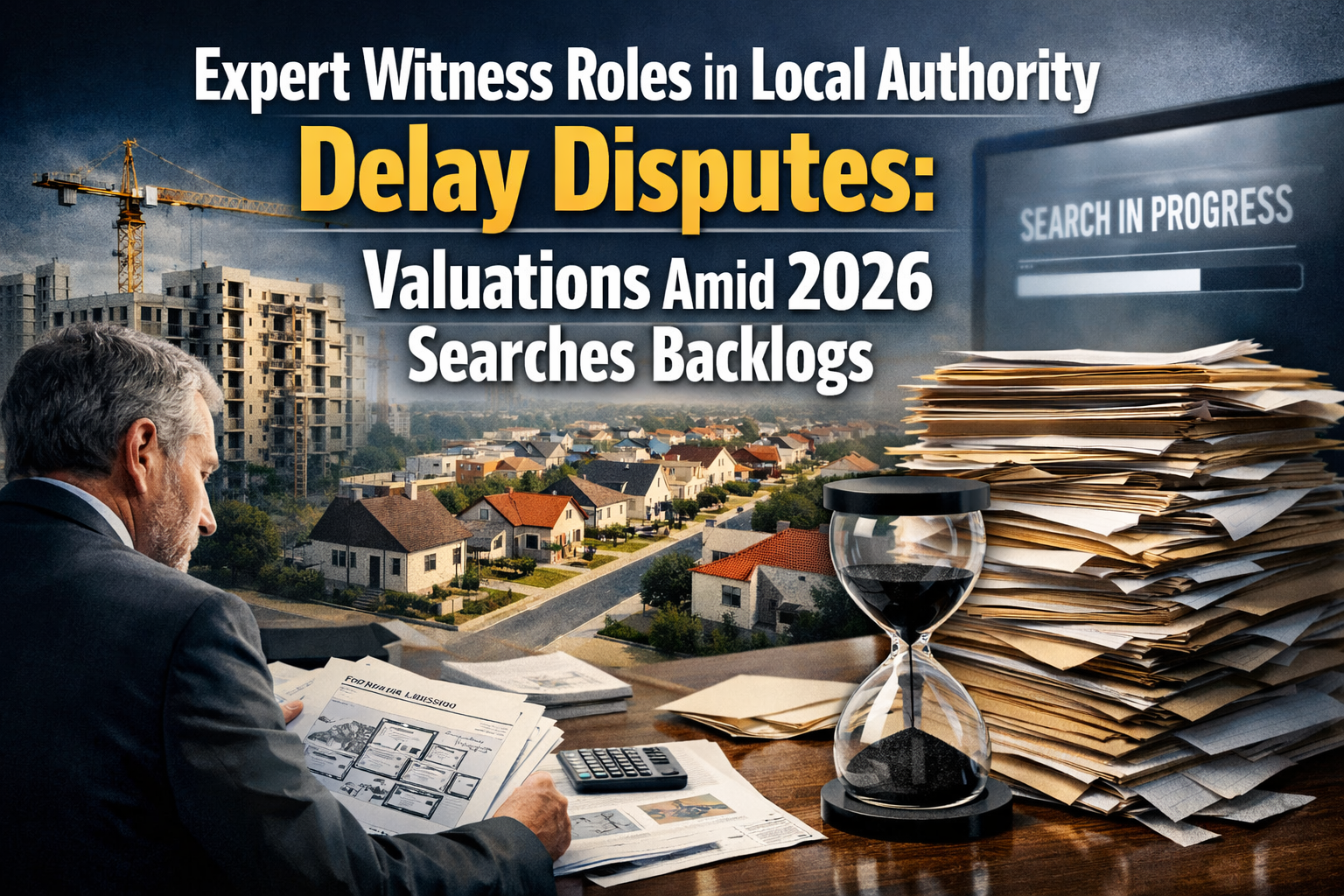 Professional landscape hero image (1536x1024) with bold text overlay: "Expert Witness Roles in Local Authority Delay Disputes: Valuations Am