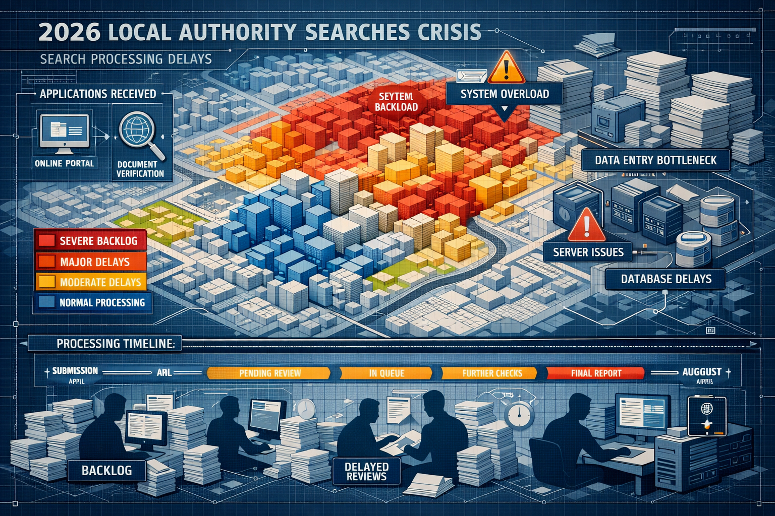 2026 Local Authority Searches Crisis visualization: Architectural overhead map of urban landscape with color-coded search backlog zones, hig