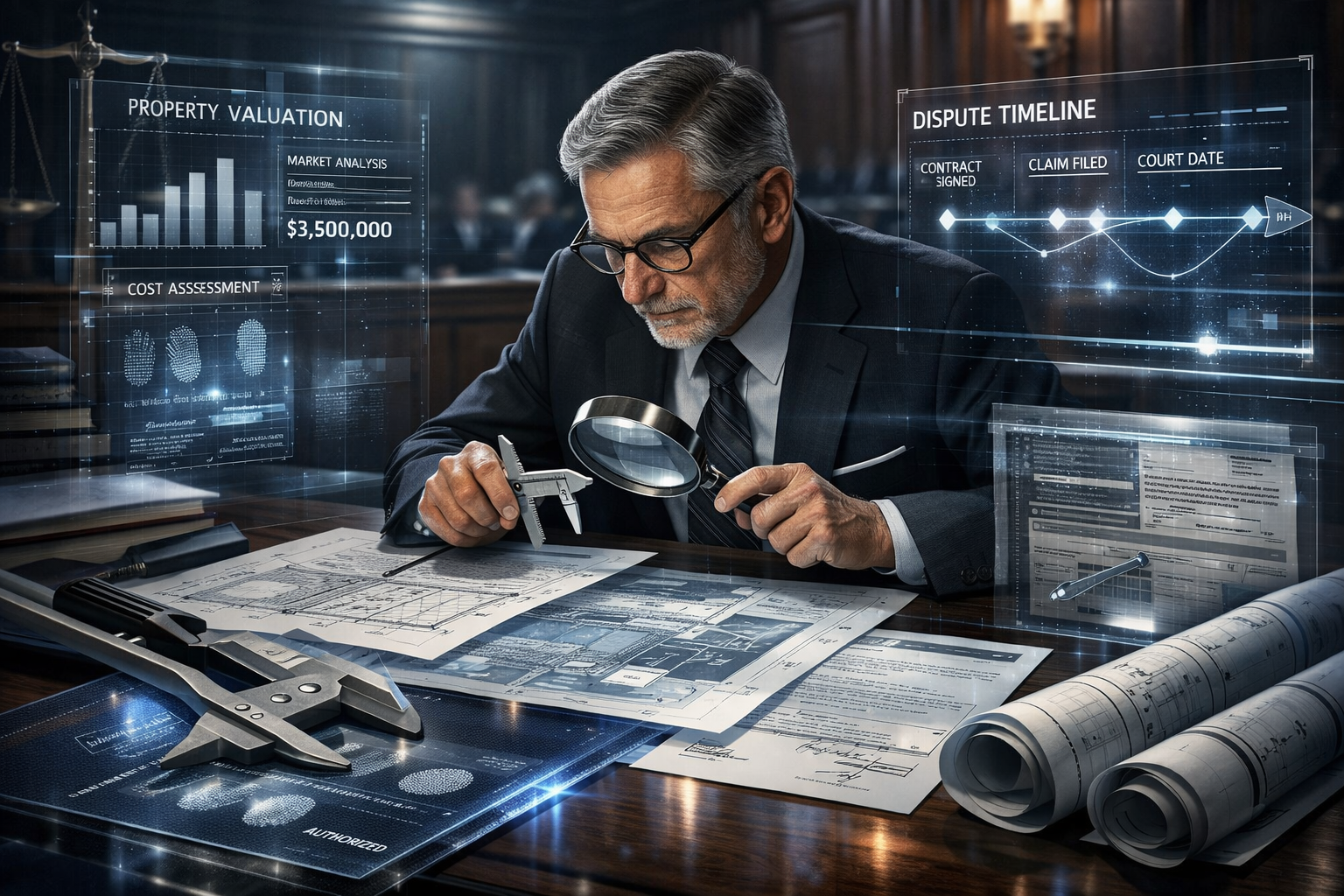 Expert Witness Evidence Requirements illustration: Dramatic courtroom-inspired composition showing forensic documentation analysis. Central