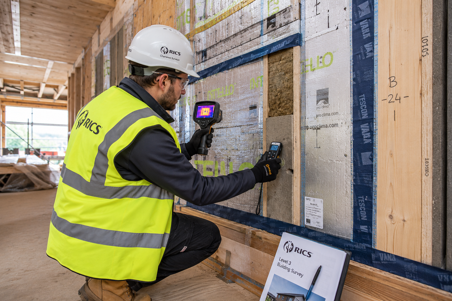 Wide-angle editorial photograph of a RICS chartered surveyor conducting a Level 3 building survey inspection inside a hybrid