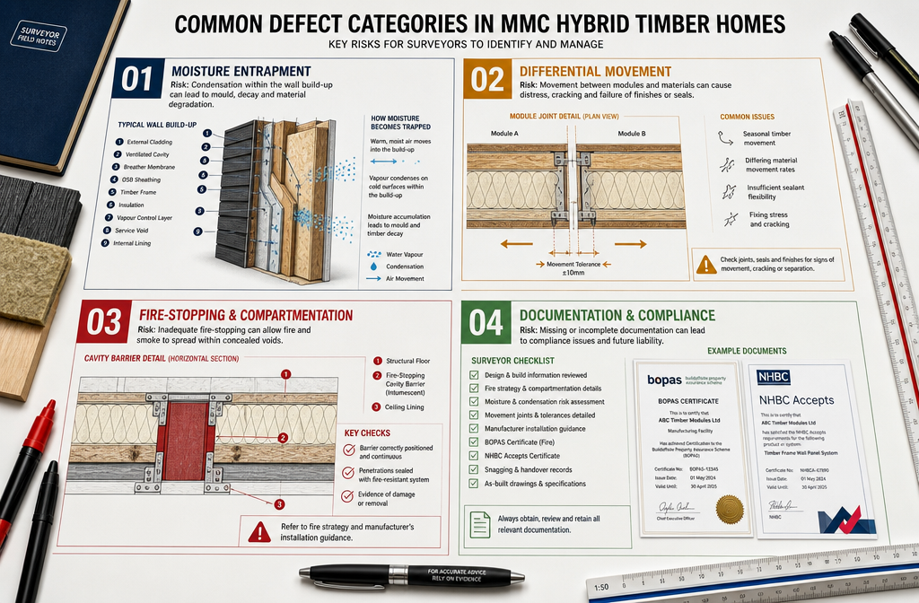 Close-up overhead flat-lay infographic-style image showing four labelled defect categories for MMC hybrid timber homes: