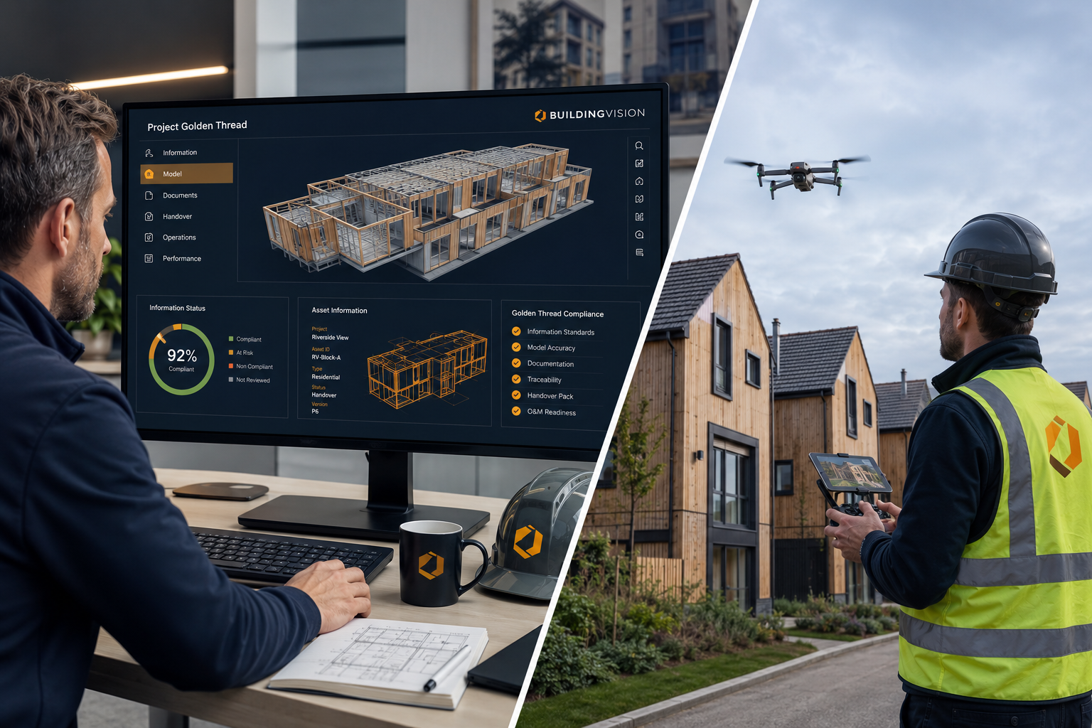 Split-screen () editorial image: left side shows a surveyor at a desk reviewing digital BIM golden thread data on a large