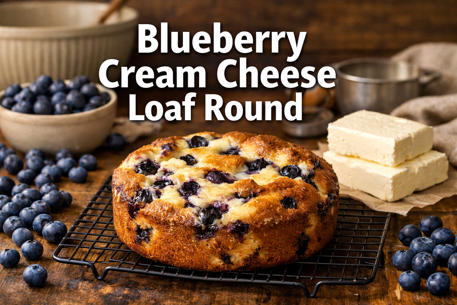 Professional landscape hero image (1536x1024) featuring bold text overlay 'Blueberry Cream Cheese Loaf Round' in extra large 72pt white sans