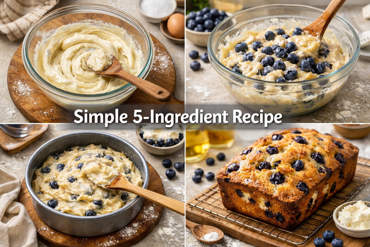 Detailed landscape image (1536x1024) showing step-by-step blueberry cream cheese loaf preparation process. Split composition featuring mixin
