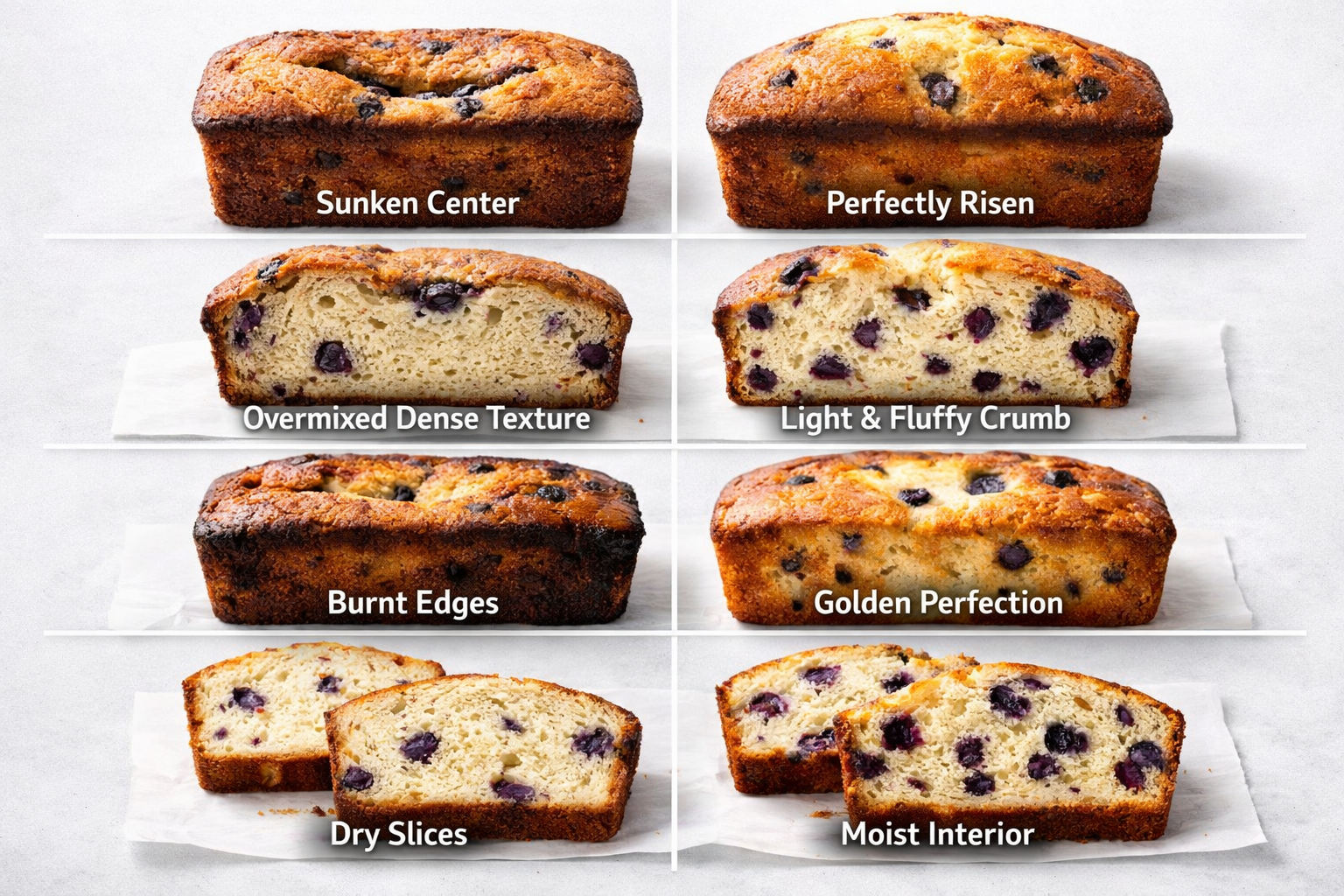Detailed landscape image (1536x1024) showcasing common blueberry cream cheese loaf baking problems and solutions. Visual grid layout showing