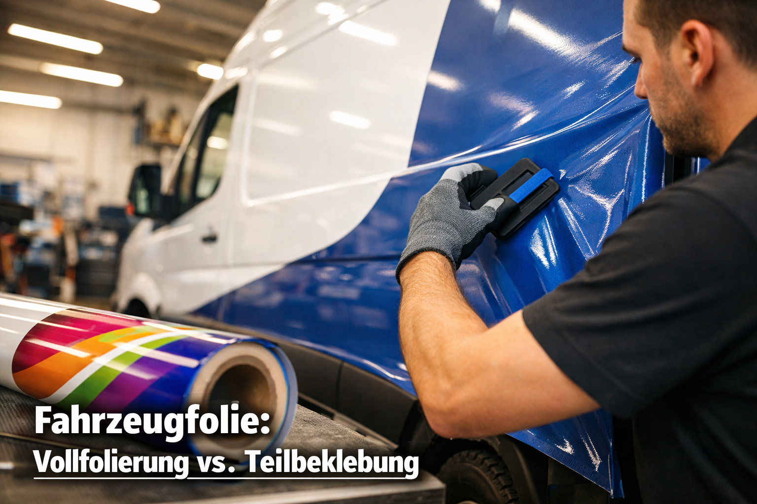 Wide-angle landscape () showing a professional Werbetechniker applying large-format vinyl Folierung to the side panel of a