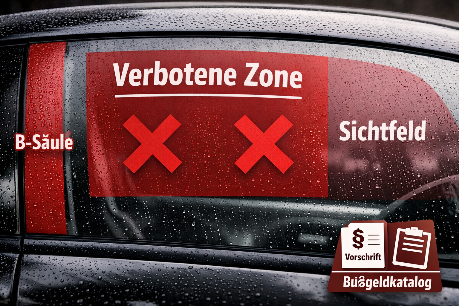 Landscape () close-up macro photograph of a vehicle window with a red warning graphic showing prohibited sticker zones on a