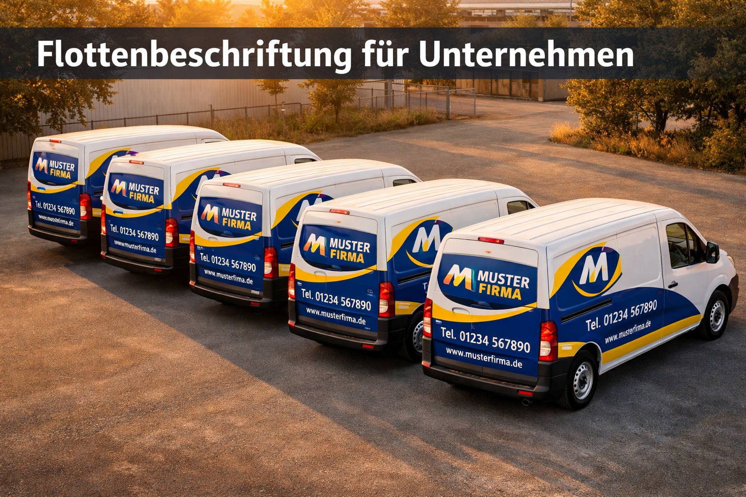 Landscape () showing a fleet of five matching white company vans parked in a row outdoors, all wrapped with identical