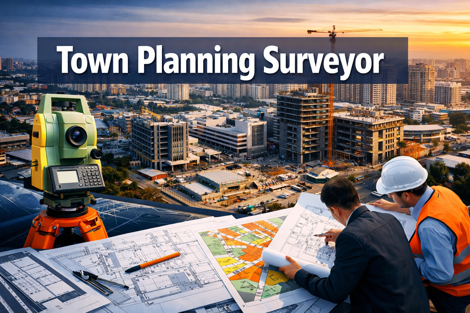 Professional landscape hero image (1536x1024) featuring bold text overlay 'Town Planning Surveyor' in extra large 72pt white sans-serif font