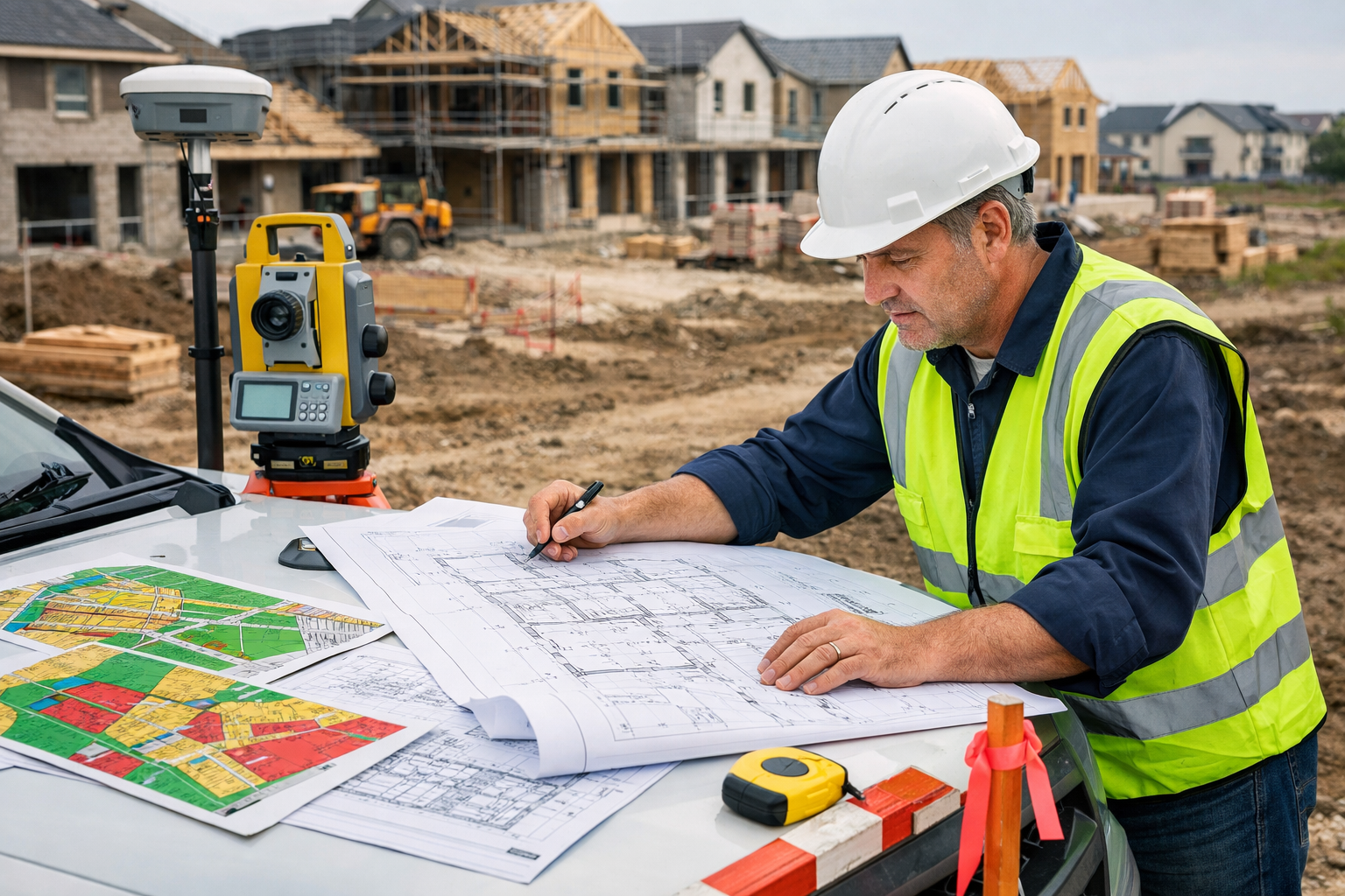 Detailed landscape editorial image (1536x1024) showing professional town planning surveyor in high-visibility vest using digital theodolite 