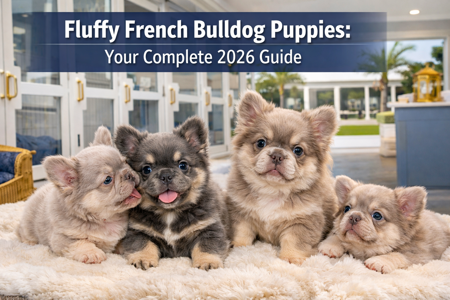 Professional landscape hero image (1536x1024) featuring adorable fluffy French bulldog puppies with long, luxurious coats in various colors 
