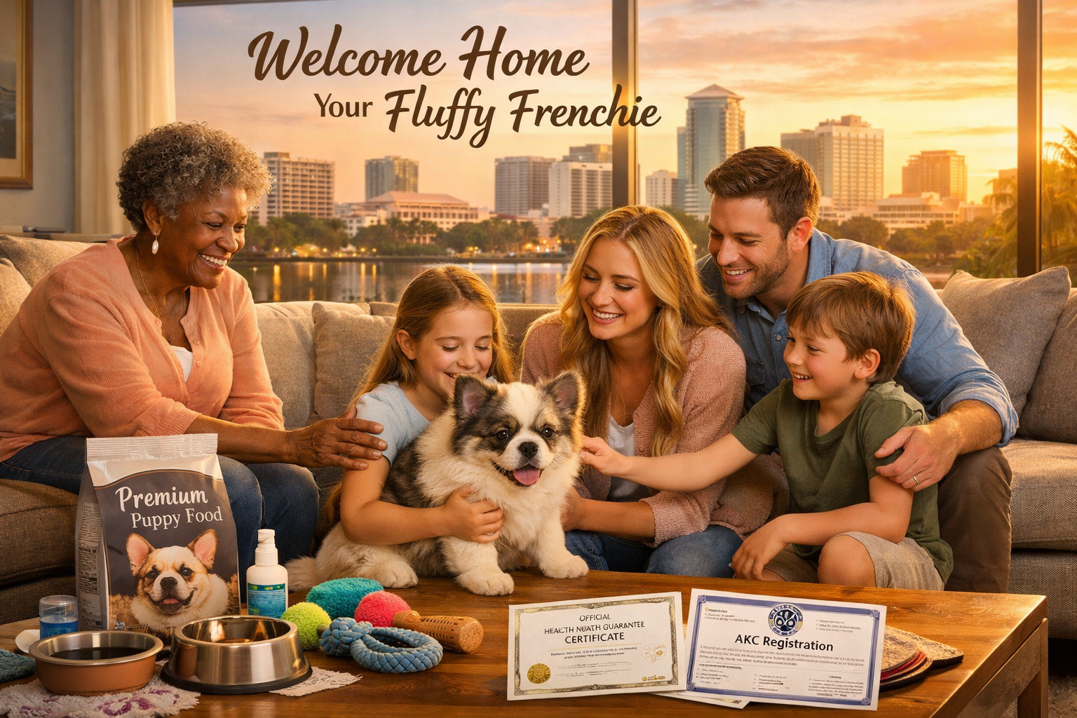 Detailed landscape image (1536x1024) featuring happy family in modern Florida home welcoming fluffy French bulldog puppy. Living room settin