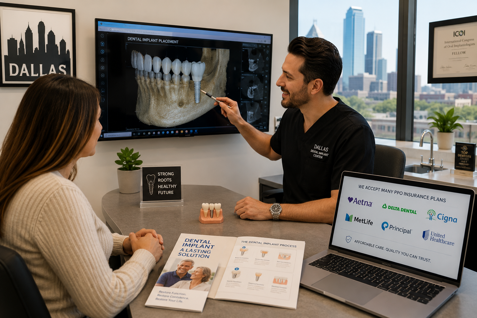 () image showing a patient consulting with a dentist in a modern Dallas dental office. The dentist is pointing to a digital