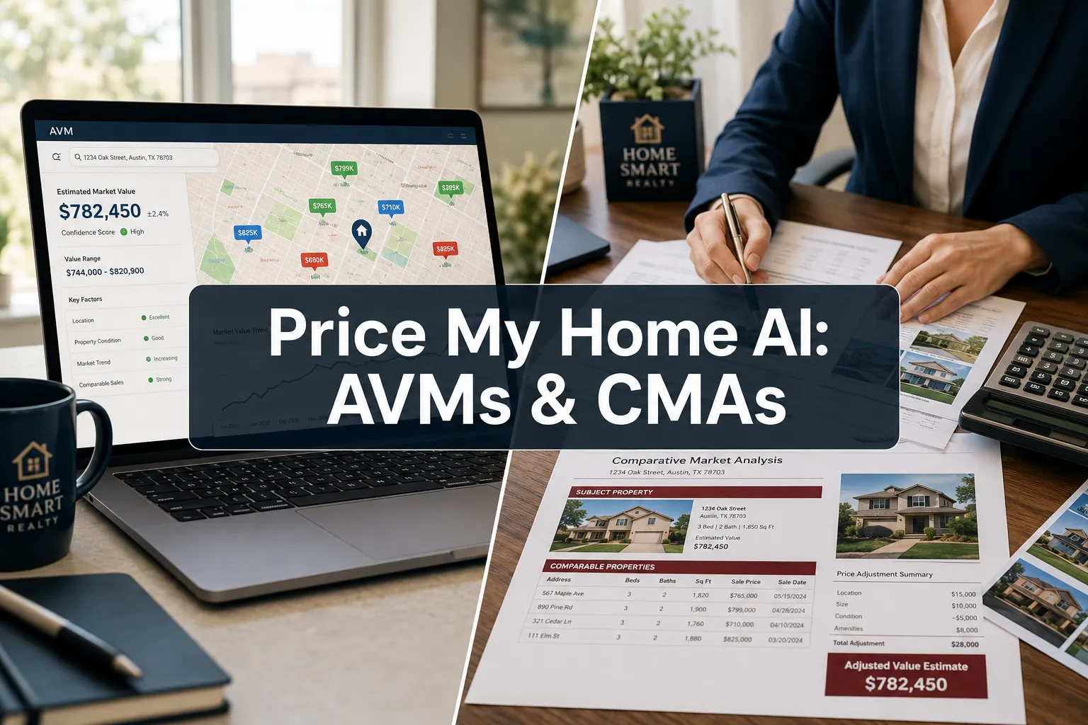Professional () hero image with '≤42 chars: Price My Home AI: AVMs & CMAs' in crisp white on a semi-transparent dark panel,