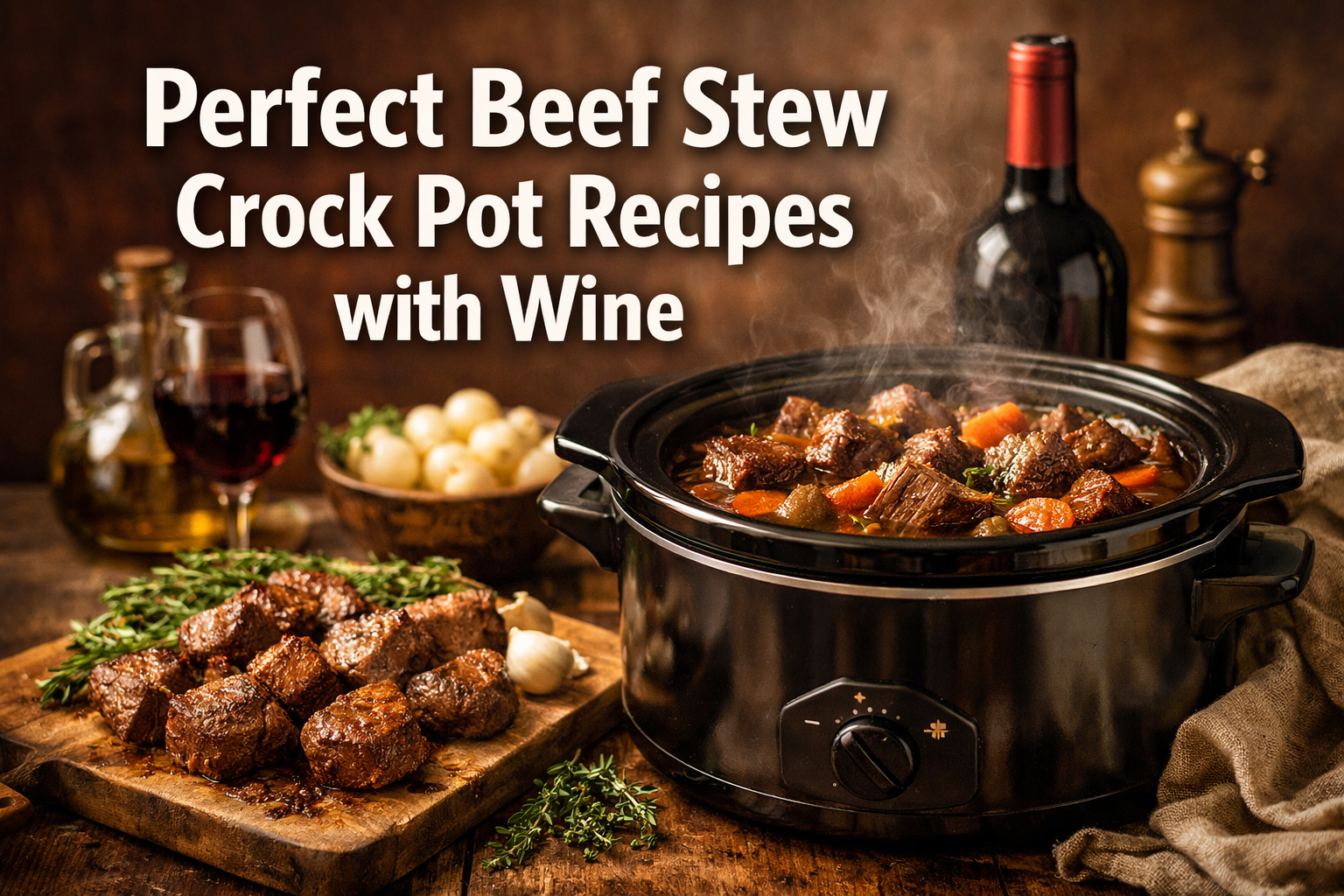 Professional landscape hero image (1536x1024) featuring bold text overlay 'Perfect Beef Stew Crock Pot Recipes with Wine' in extra large 72p