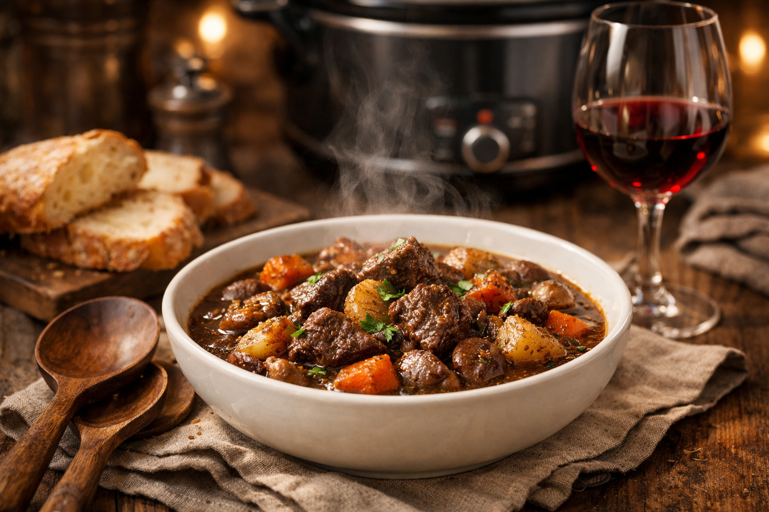 Professional landscape food photography (1536x1024) showcasing finished wine-braised beef stew in elegant white bowls with steam rising, gar