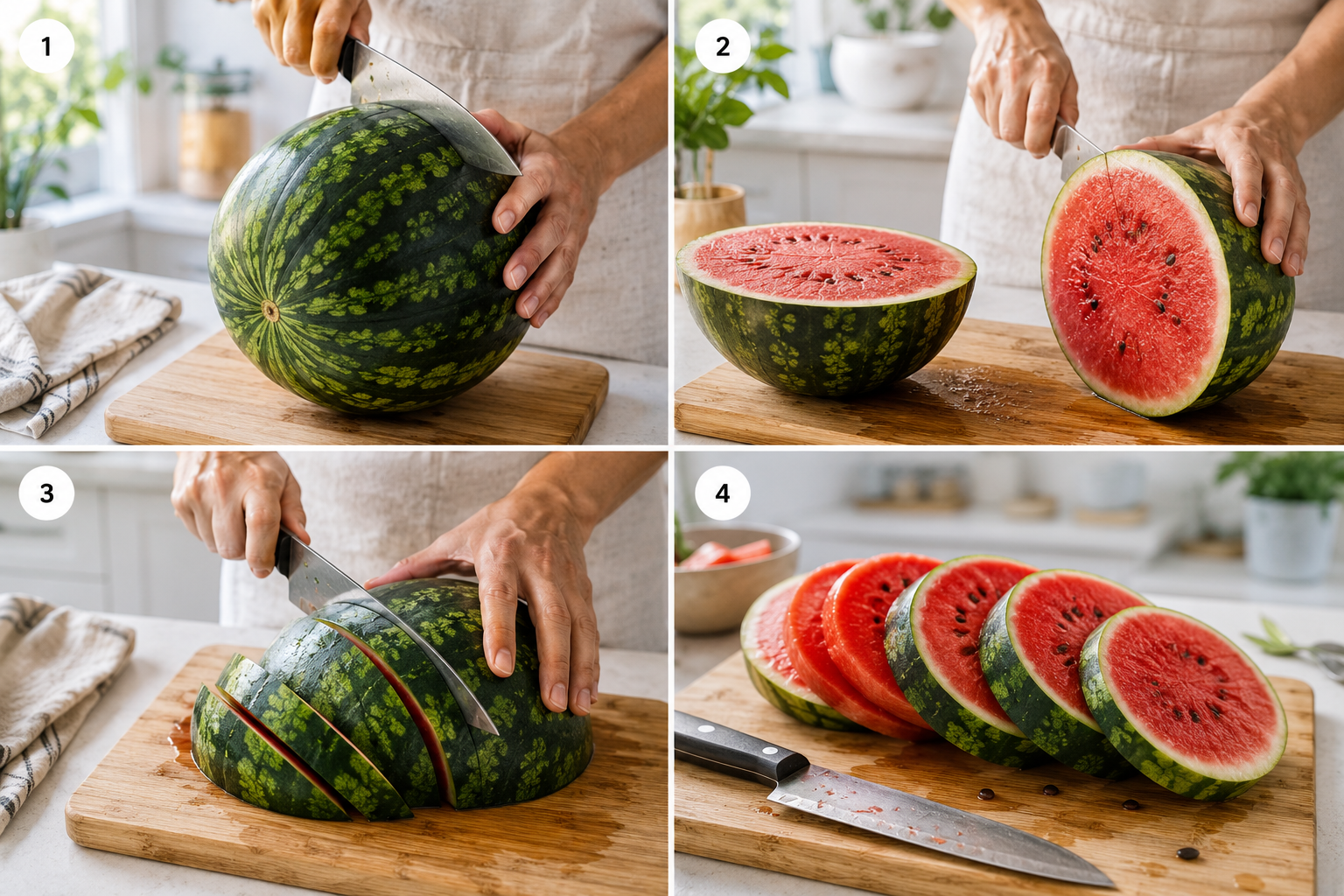 () editorial lifestyle image showing a step-by-step visual sequence: a large sharp chef's knife slicing through a whole