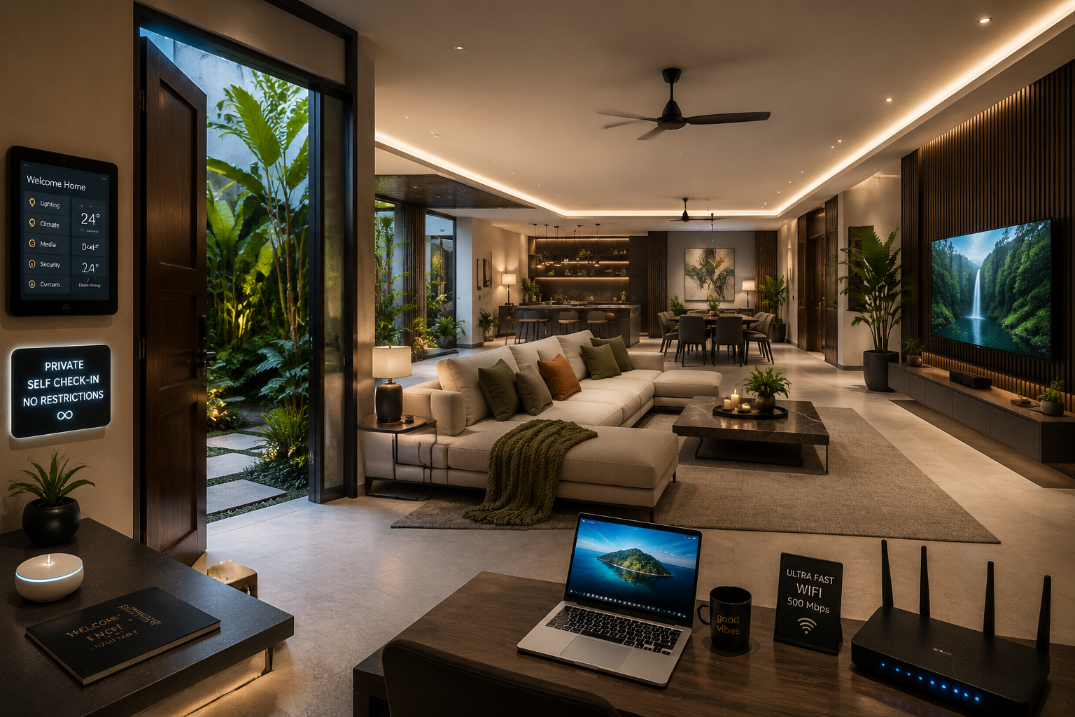 Detailed () image illustrating a fully automated, private Airbnb interior. Focus on a sleek, automated lighting), high-speed