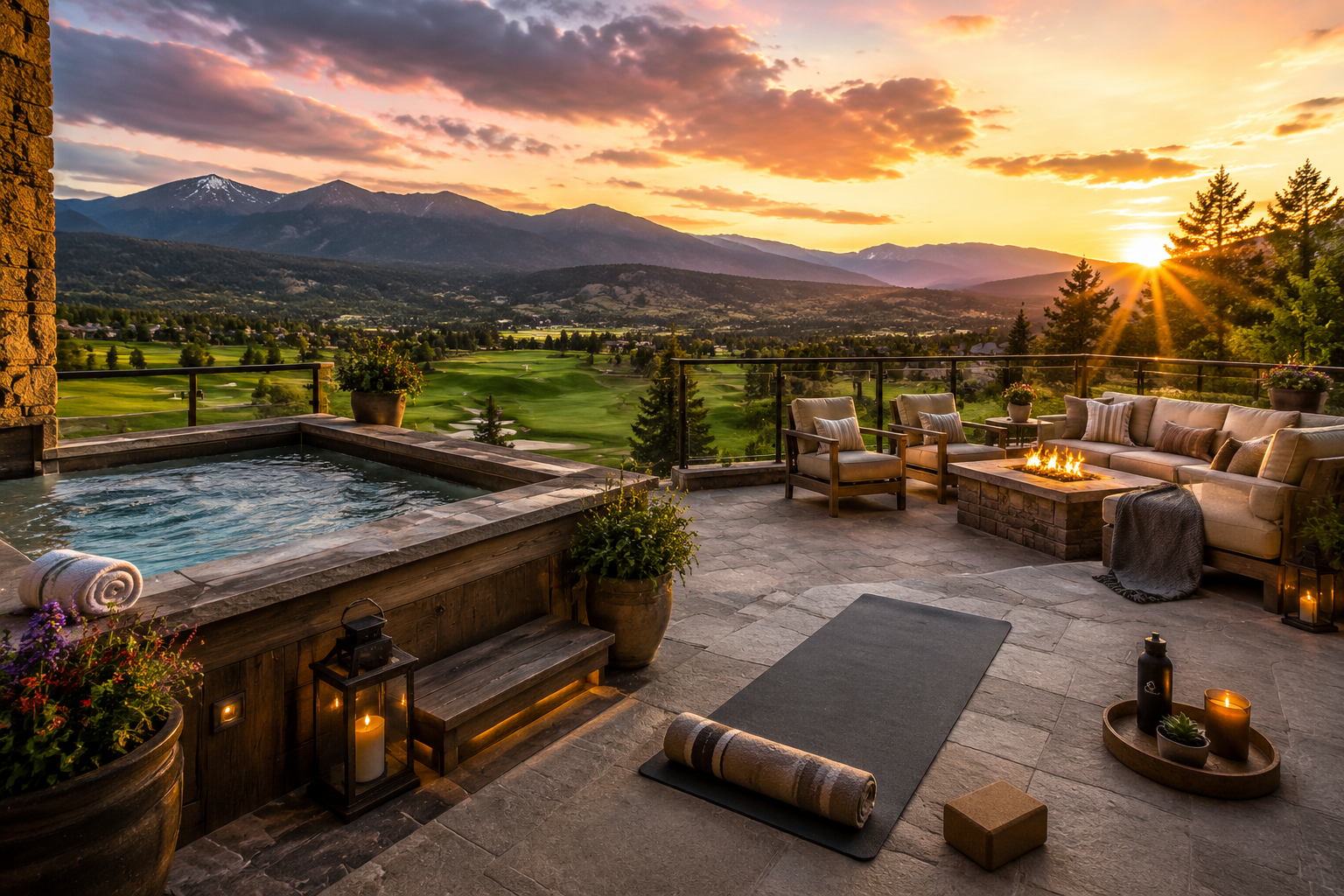Detailed () image showcasing a luxurious, wellness-focused outdoor Airbnb terrace near a golf course. Feature a private hot
