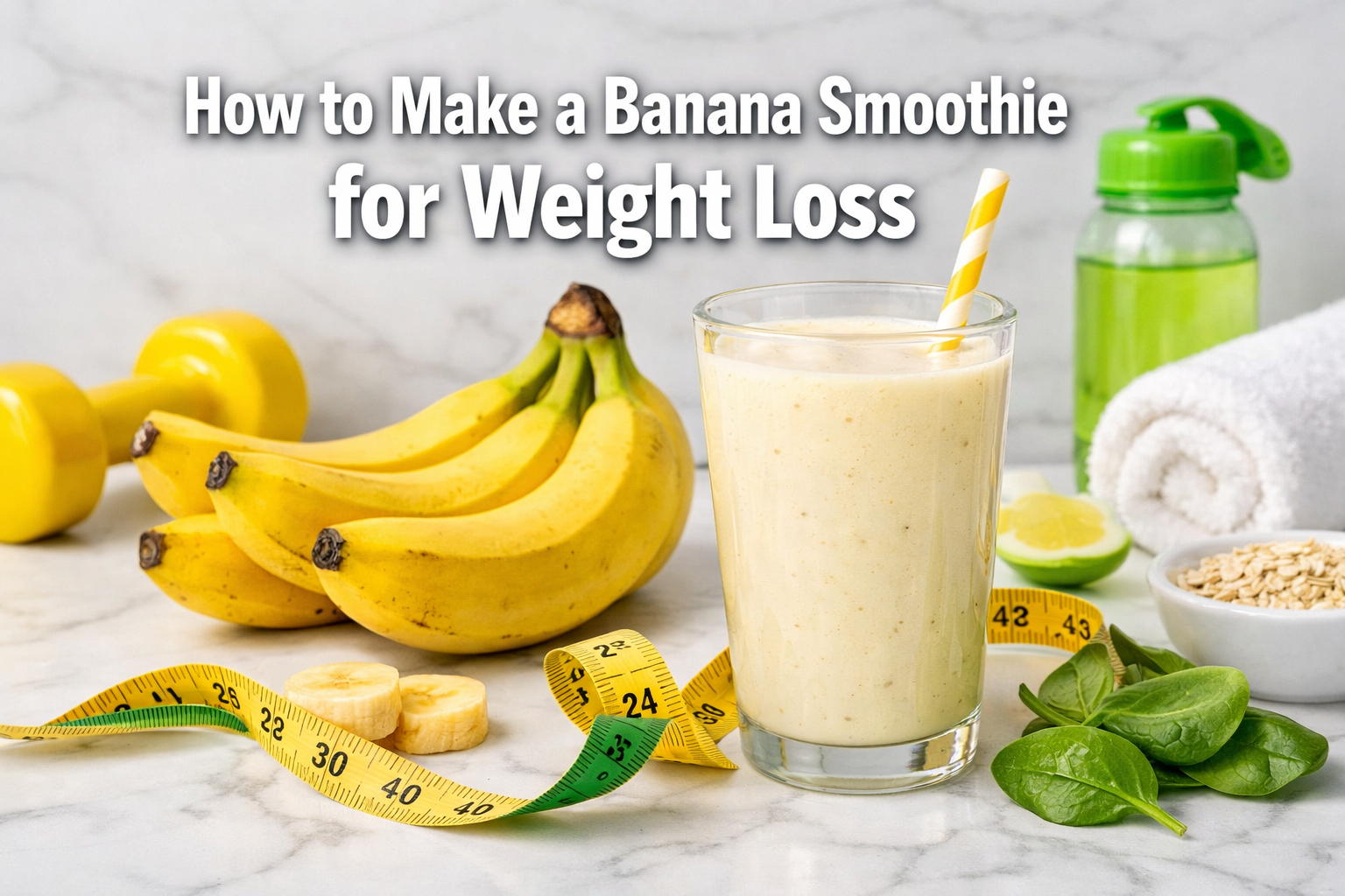 Professional landscape hero image (1536x1024) featuring bold text overlay 'How to Make a Banana Smoothie for Weight Loss' in extra large 72p