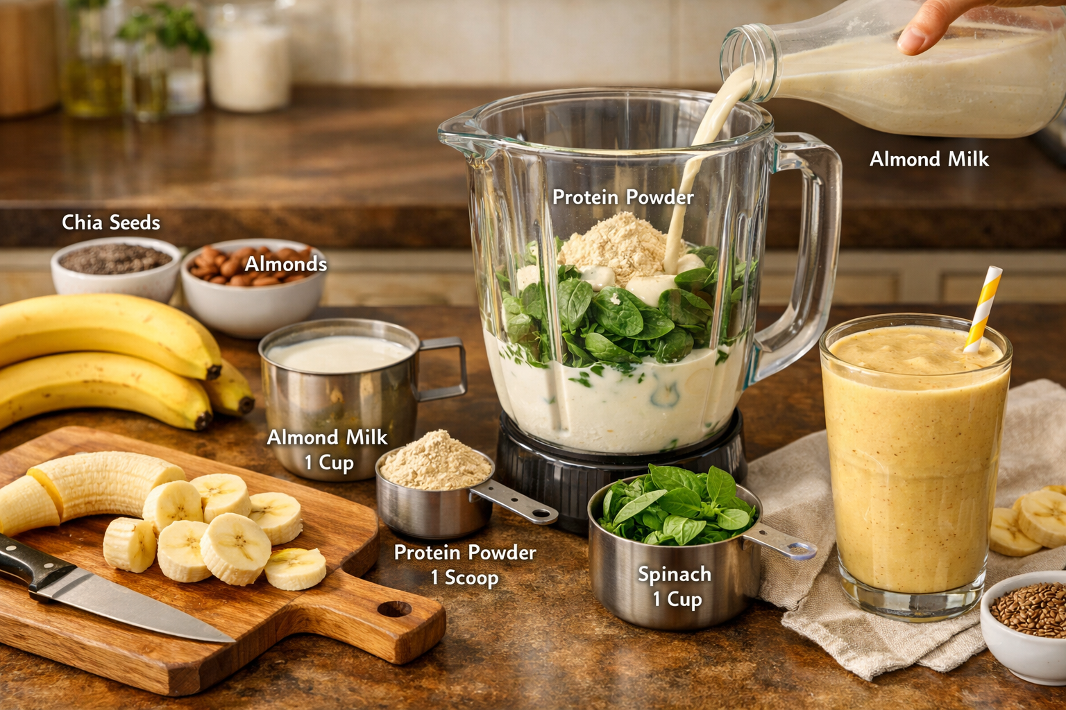 Detailed landscape image (1536x1024) showing step-by-step banana smoothie preparation with fresh bananas being sliced, blender with ingredie