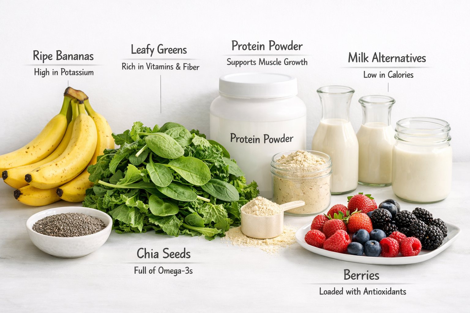 Professional landscape image (1536x1024) displaying weight loss smoothie ingredients laid out in organized sections: ripe bananas, leafy gre