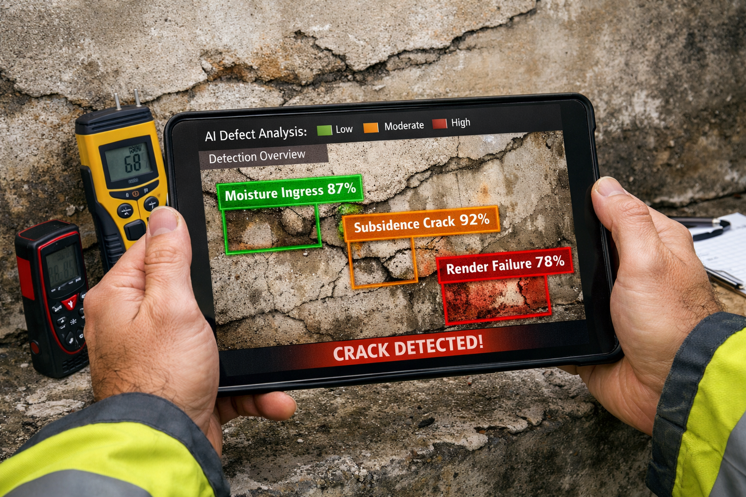 Detailed () image showing close-up of surveyor's hands holding tablet displaying AI-powered defect detection interface