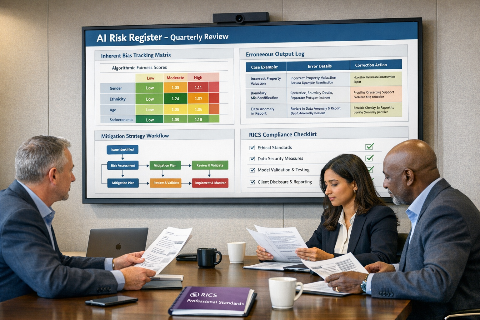 Detailed () image depicting professional office setting with large wall-mounted monitor displaying comprehensive AI risk