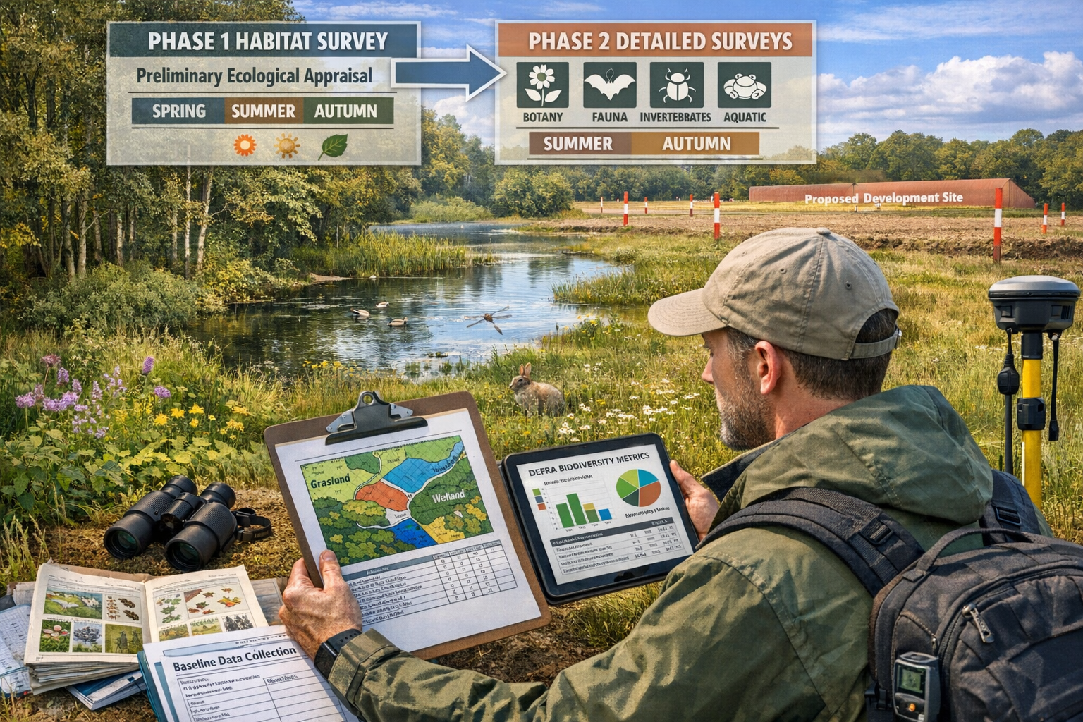 Detailed landscape format (1536x1024) image showing professional surveyor conducting preliminary ecological appraisal in field setting. Fore