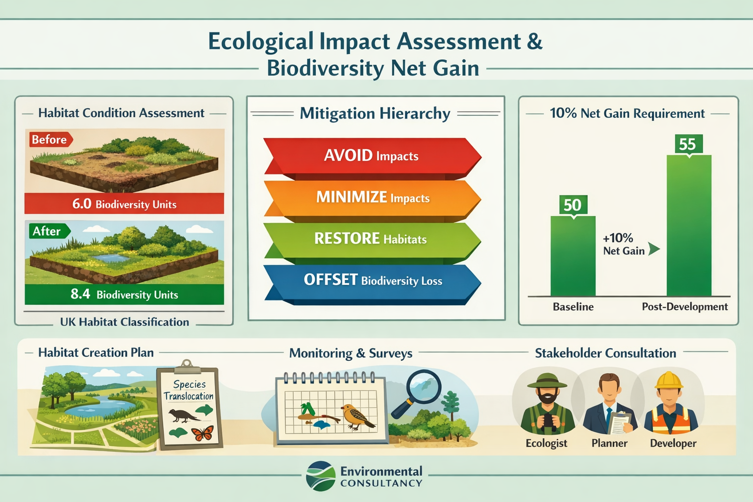 Detailed landscape format (1536x1024) infographic-style image illustrating ecological impact assessment process and biodiversity net gain re