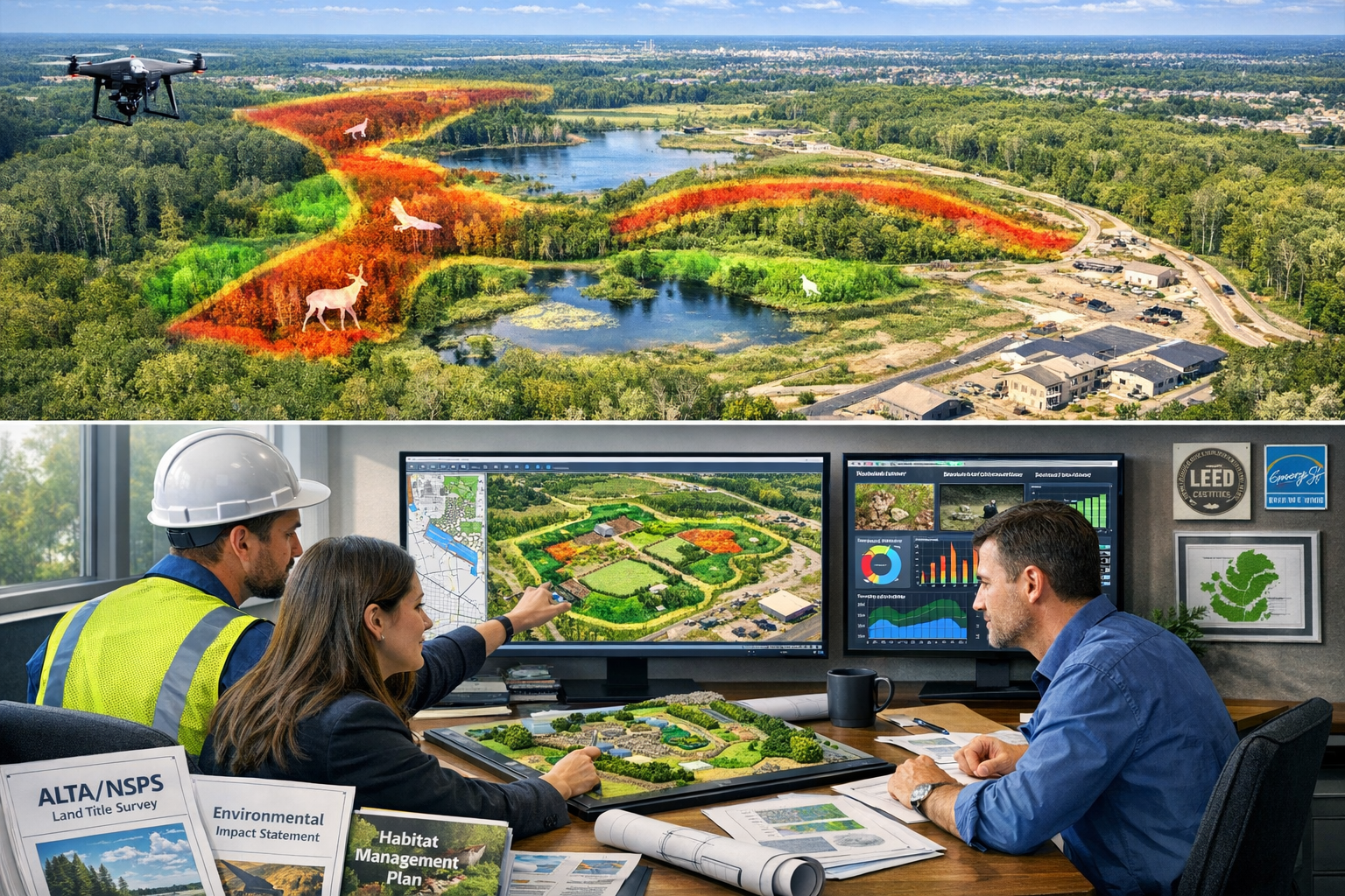 Detailed landscape format (1536x1024) image showcasing modern surveying technology supporting sustainable development decisions. Split-scree