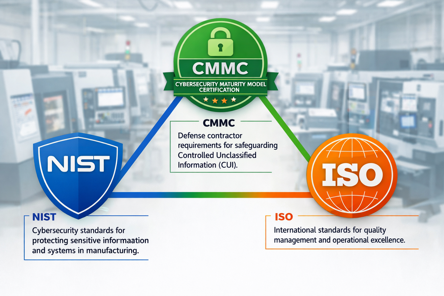 Landscape format (1536x1024) image showing three distinct compliance framework icons (NIST shield, CMMC badge, ISO certification seal) arran
