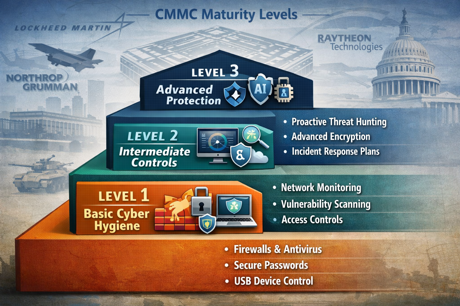 Landscape format (1536x1024) detailed infographic showing CMMC maturity levels 1-3 as ascending steps or pyramid structure, with manufacturi