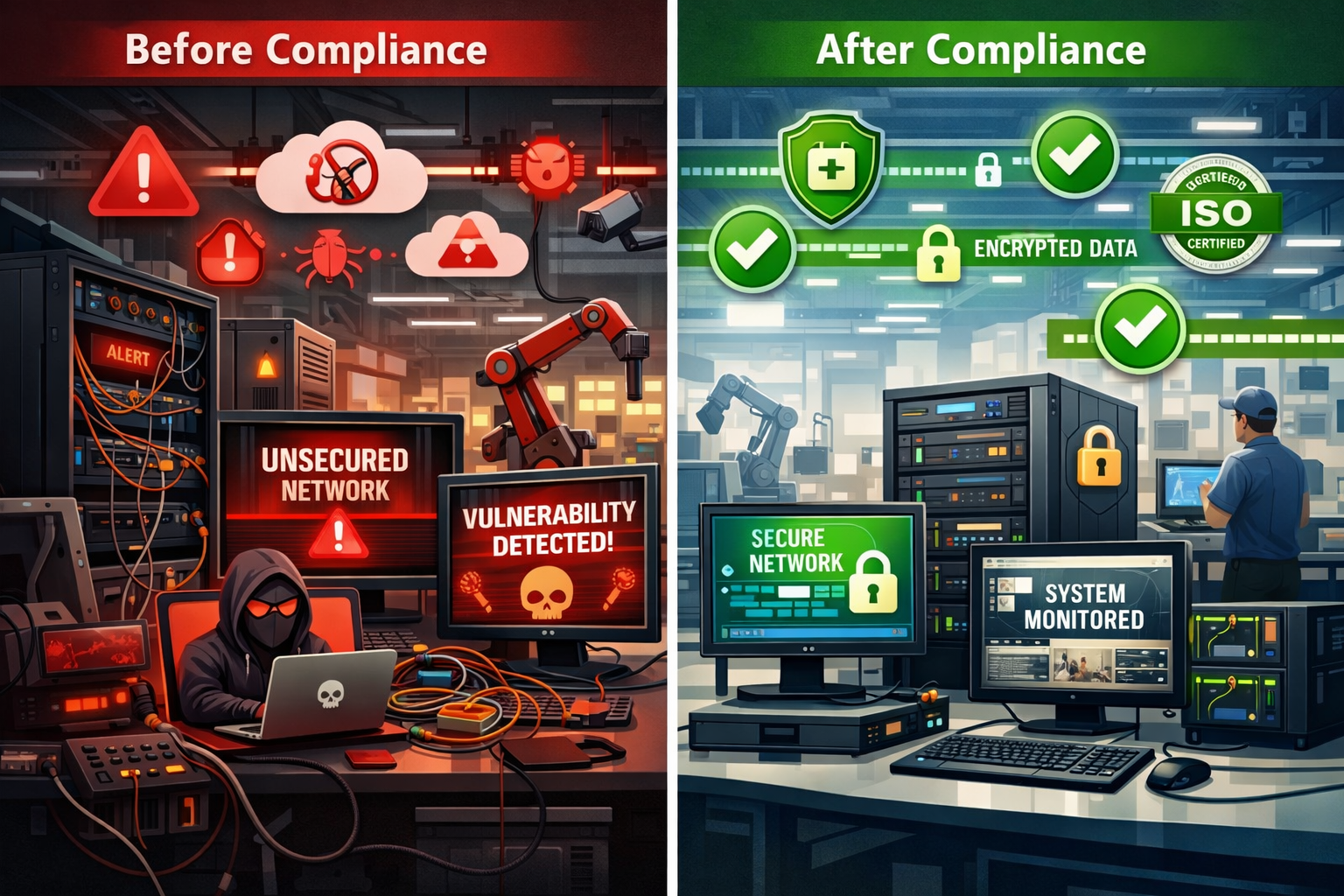Landscape format (1536x1024) split-screen comparison image showing 'Before Compliance' vs 'After Compliance' in manufacturing IT environment