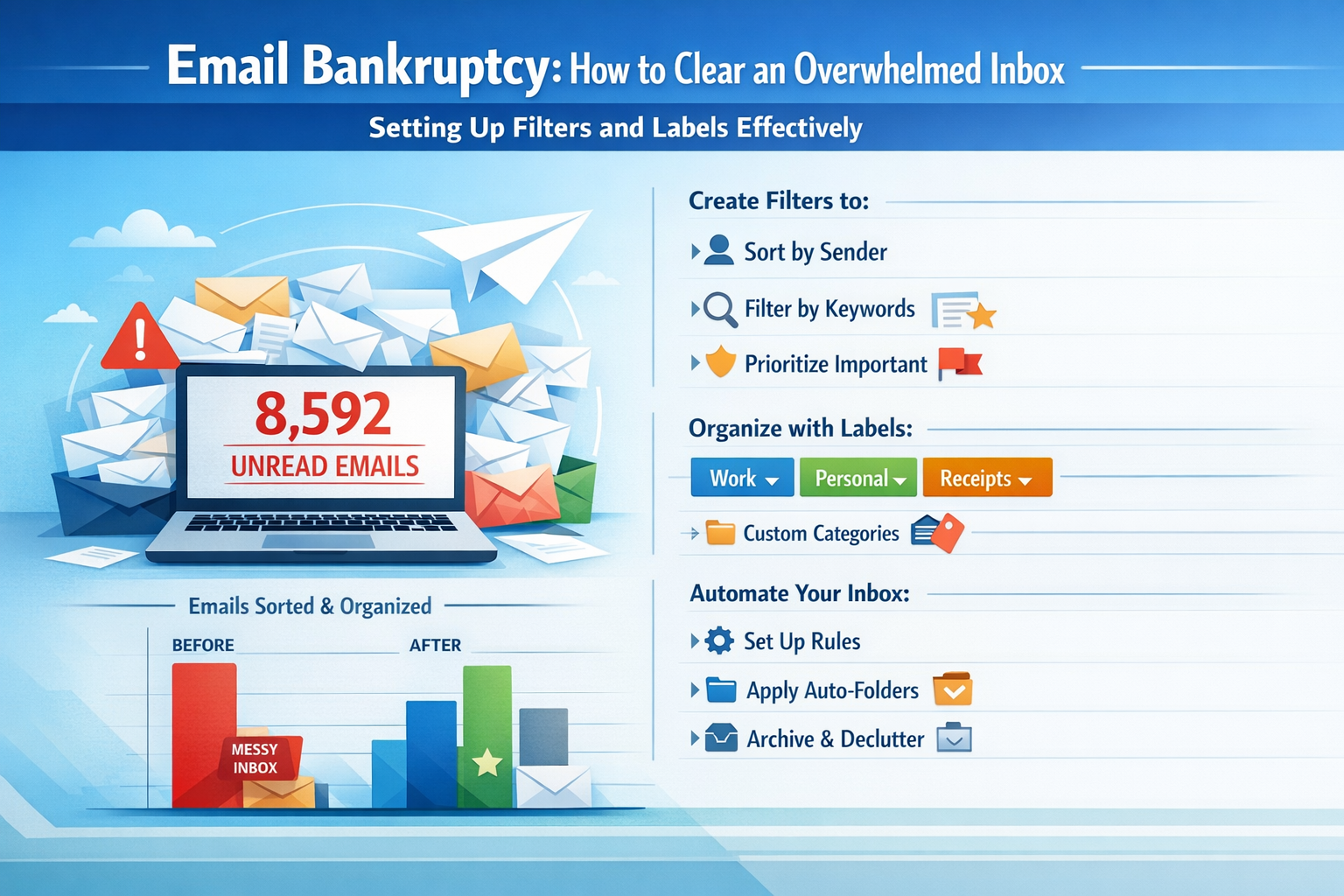 Professional landscape infographic (1536x1024) for article "Email Bankruptcy: How to Clear an Overwhelmed Inbox", section: "Setting up Filte